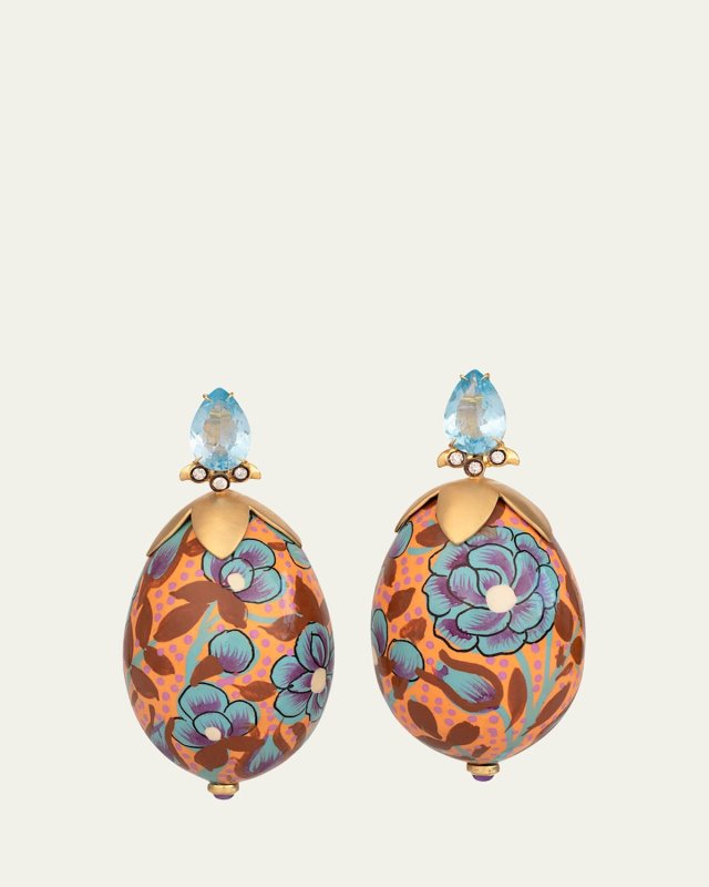 Blue Floral Papier Mache Oval Earrings with Diamonds, Amethyst and Blue Topaz